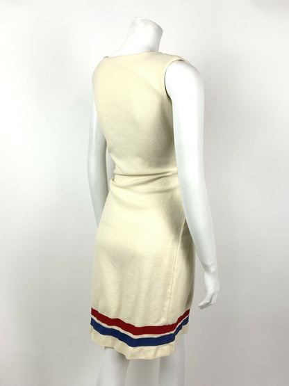 VINTAGE 60s 70s CREAM BLUE RED STRIPE MOD SLEEVELESS NAUTICAL DRESS 10 12