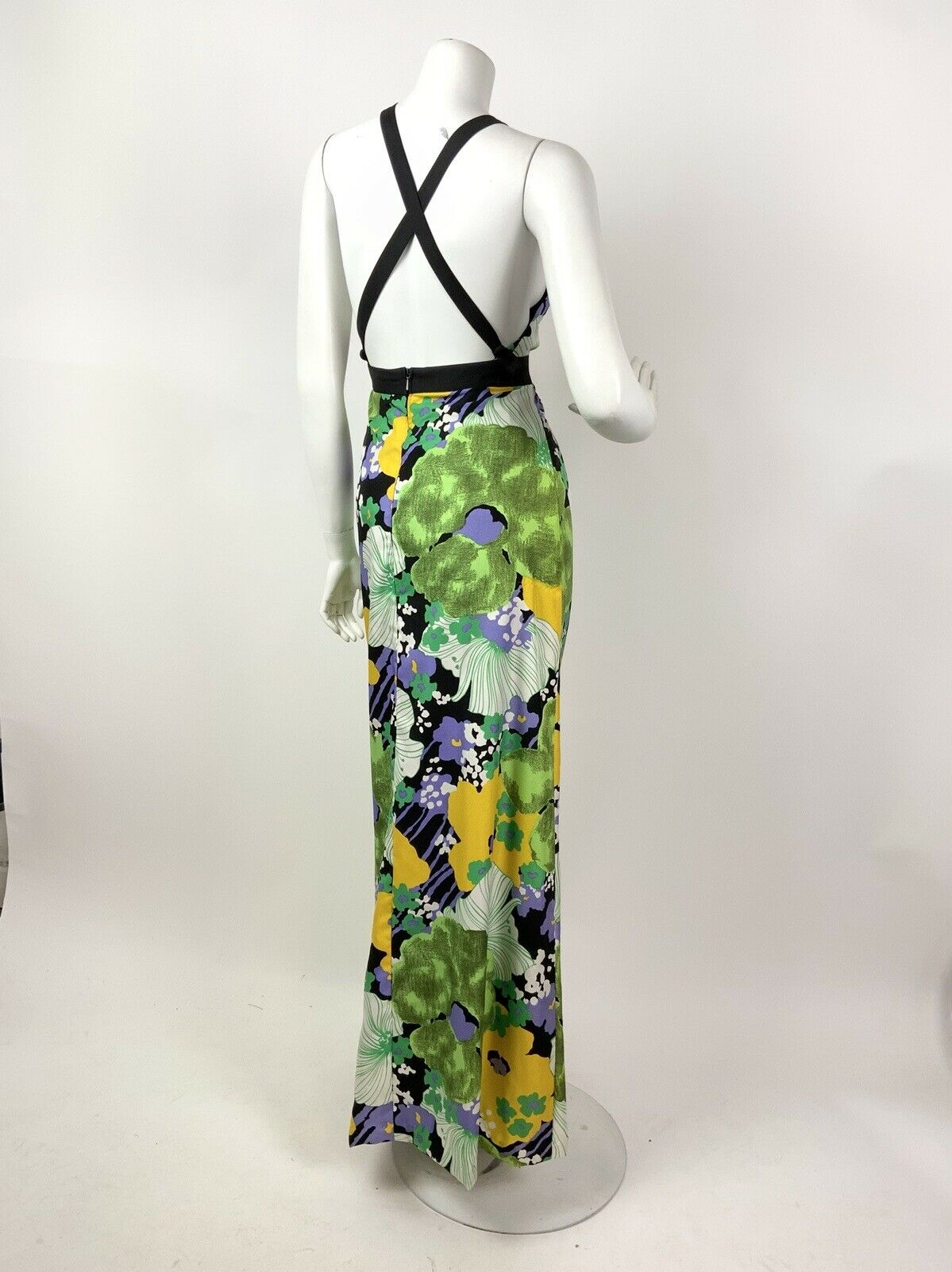 VINTAGE 60s 70s BLACK GREEN YELLOW LILAC FLORAL PSYCHEDELIC MAXI DRESS 10 12