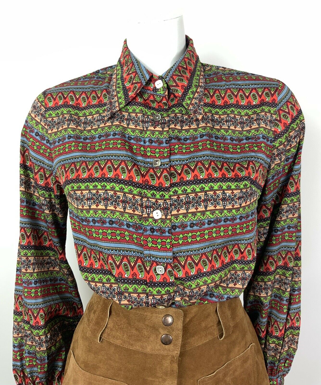 VINTAGE 60s 70s MULTI-COLOURED PAISLEY FLORAL AZTEC DAGGER COLLAR SHIRT 10 12 14