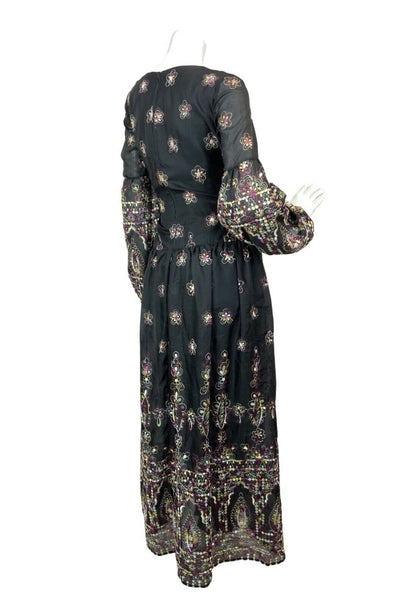 VTG 60s 70s BLACK PURPLE YELLOW EMBROIDERED FLORAL BOHO MOD MAXI DRESS 10 12