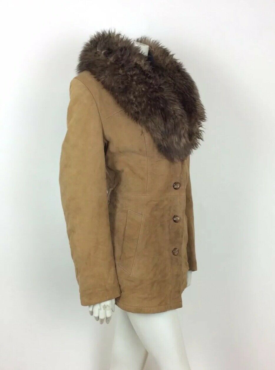 70s VTG BROWN TAN SUEDE LEATHER JACKET FUR TRIM COAT PENNY LANE SHEARLING 16 18