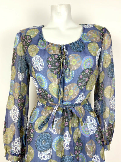 VINTAGE 60s 70s BLUE BROWN BLACK GREEN PINK FLORAL GEOMETRIC SHEER DRESS 8 10