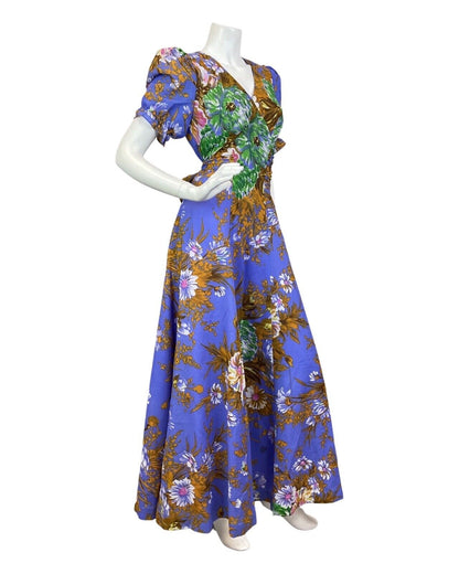 VINTAGE 60s 70s PURPLE GOLD GREEN FLORAL PUFF SLEEVE SUMMER MAXI DRESS 8 10