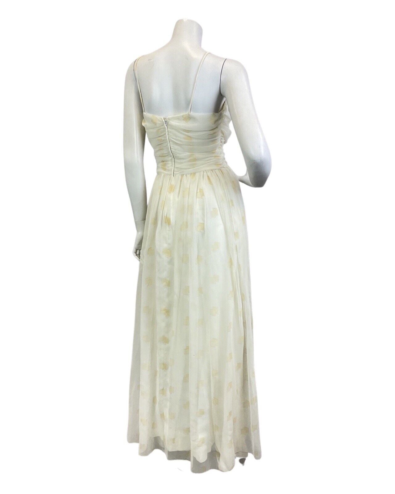 VINTAGE 70s WHITE GOLD SHEER SPAGHETTI STRAP EVENING GOWN MAXI DRESS 8