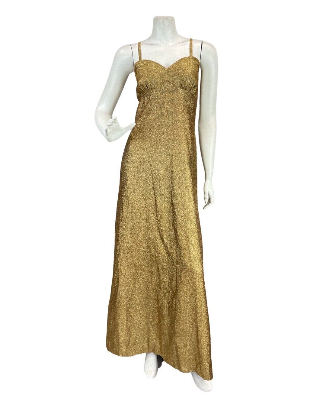 VINTAGE 60s 70s BRASSY GOLD GLITTER LUREX PARTY DISCO STRAPPY MAXI DRESS 12