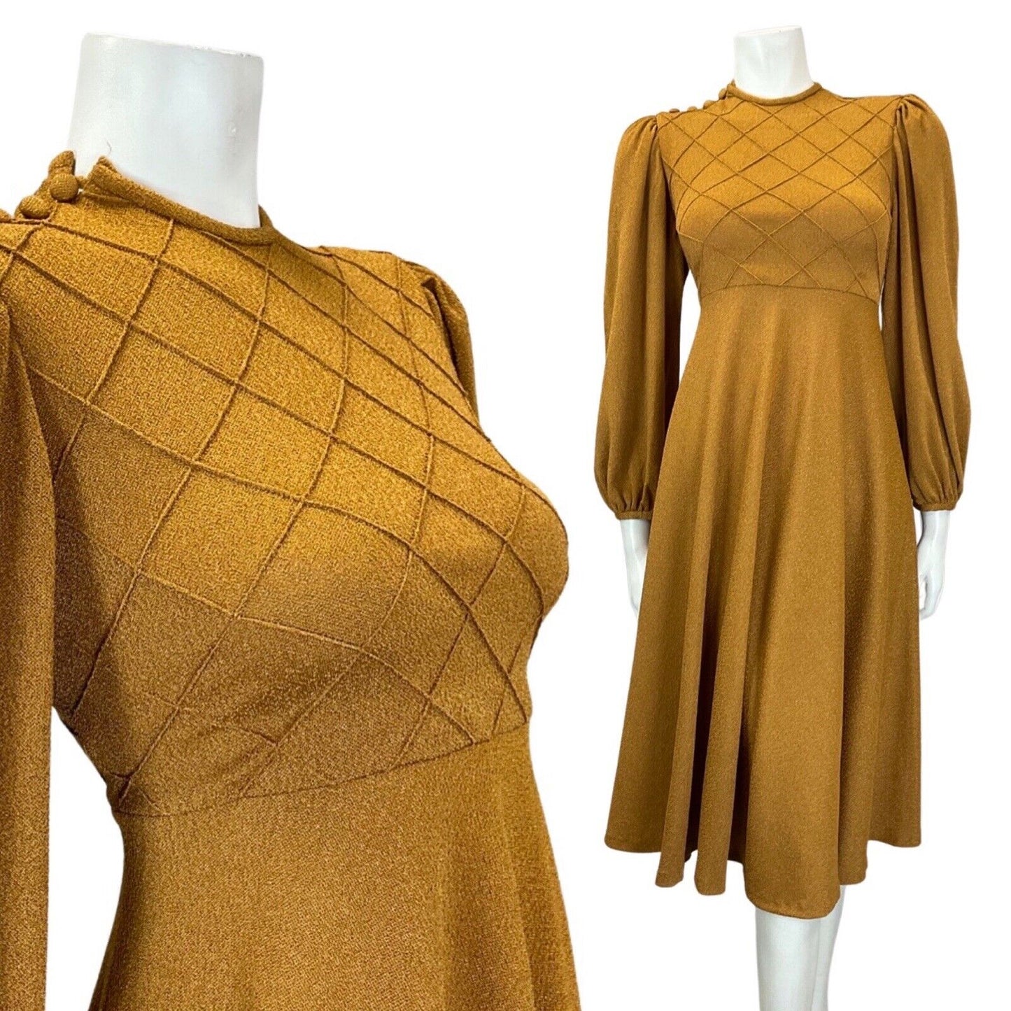 VTG 60s 70s OCHRE TAN BROWN DIAMOND BOHO MOD LONG SLEEVE SWING DRESS 8