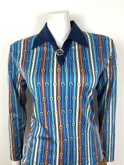 VTG 60s 70s BLUE BRONZE WHITE STRIPED EQUESTRIAN BELT DAGGER SHIRT BLOUSE 10 12