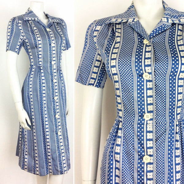 VTG 60S 70S BLUE WHITE DAISY FLOWER GEOMETRIC SHIRT DRESS 10