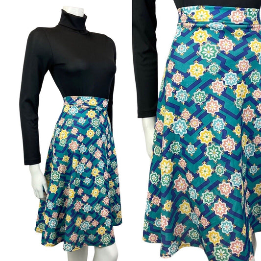 VINTAGE 60s 70s GREEN BLUE YELLOW GEOMETRIC FLORAL MANDALA SWING SKIRT 10 12