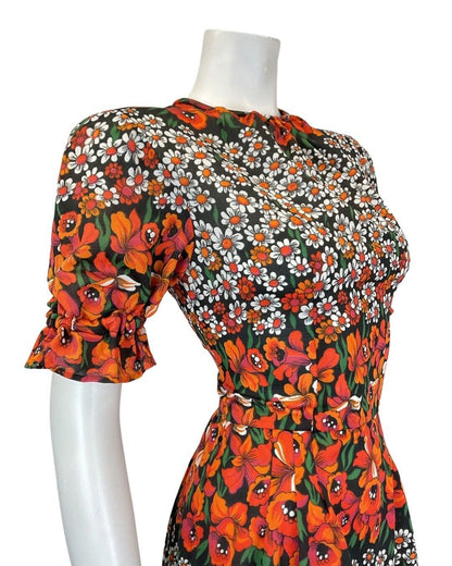 VINTAGE 60s 70s BLACK ORANGE GREEN FLORAL DAISY PUFF SLEEVE MIDI DRESS 8