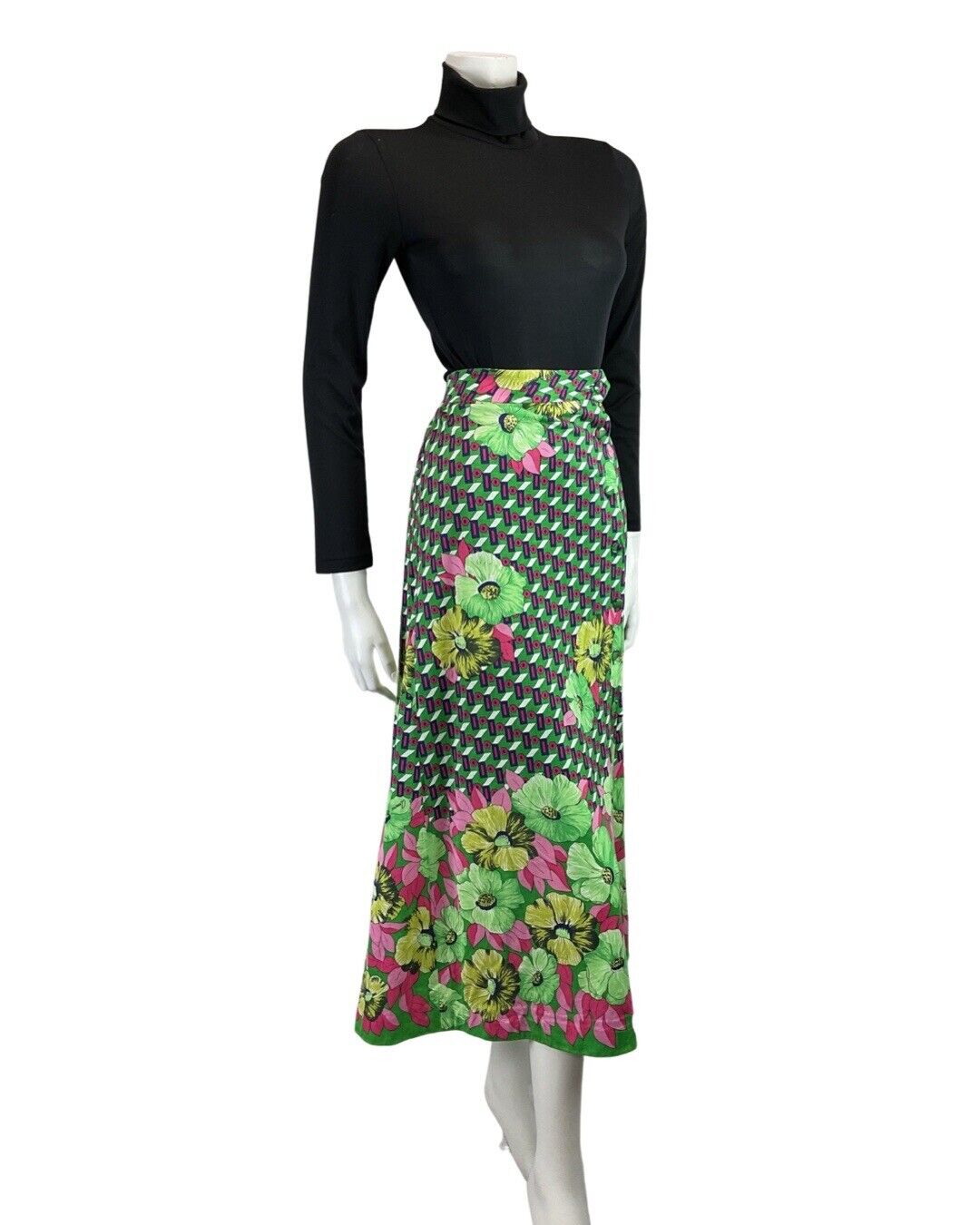 VINTAGE 60s 70s GREEN PINK GEOMETRIC FLORAL MOD PSYCHEDELIC MIDI SKIRT 8