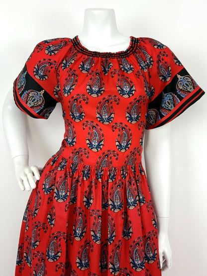 VTG 60s 70s RED NAVY BLUE BEIGE FLORAL PAISLEY PSYCHEDELIC MAXI DRESS 10 12