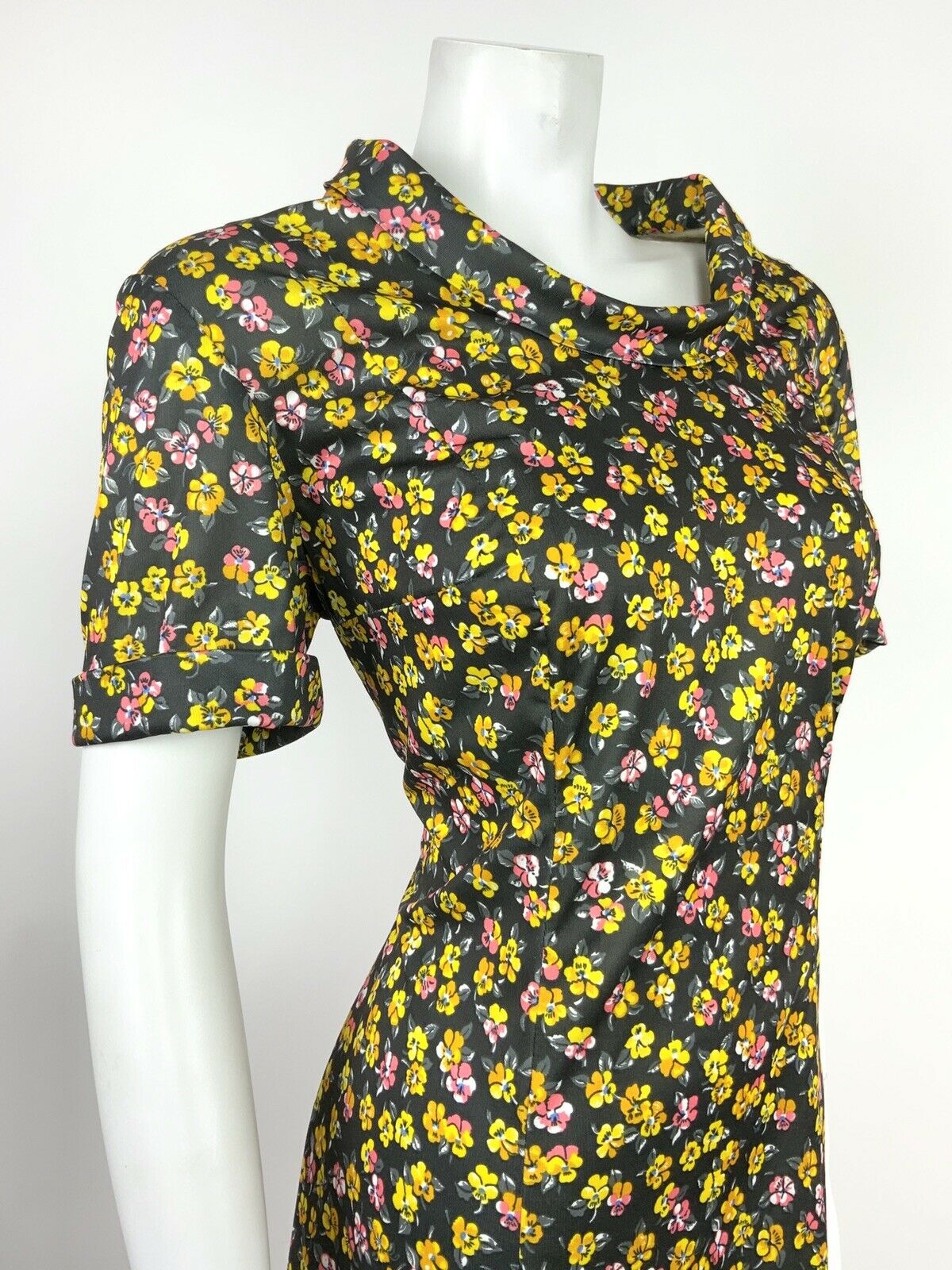 VINTAGE 60s 70s GREY YELLOW PINK WHITE FLORAL DITSY TURTLENECK SHIFT DRESS 14 16