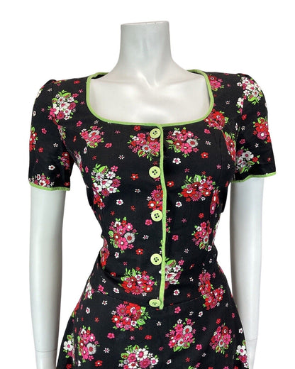 VINTAGE 60s 70s BLACK PINK RED GREEN FLORAL BOUQUET SUMMER PRAIRIE MOD DRESS 10