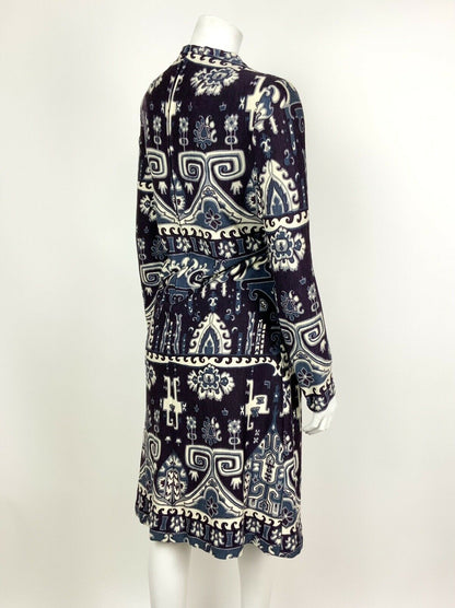 CVINTAGE 60s 70s PURPLE BLUE SILVER FLORAL AZTEC LONGSLEEVE SHIFT DRESS 12 14