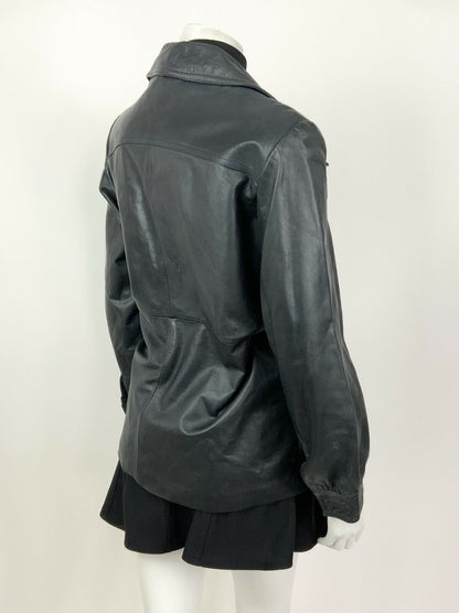 VINTAGE 60s 70s DARK BLUE BLACK DAGGER COLLAR LEATHER JACKET 12 14