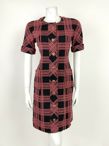 VINTAGE 60s 70s BLACK RED GEOMETRIC PLAID CHECKED FITTED WIGGLE DRESS 8 10