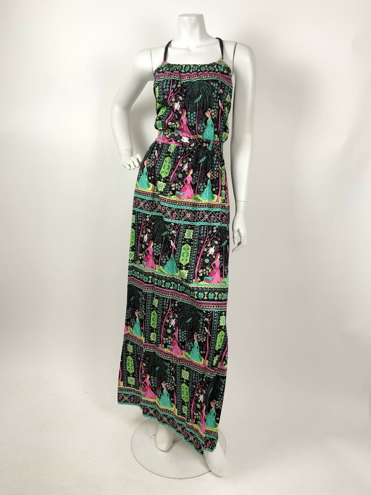 VTG 60s 70s BLACK GREEN PINK PSYCHEDELIC BIRD WOMAN FLORAL STRAPPY MAXI DRESS 8