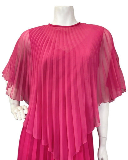 VINTAGE 70s FUCHSIA PINK STUDIO 54 BOHO CAPE SLEEVE MAXI DRESS GOWN 10