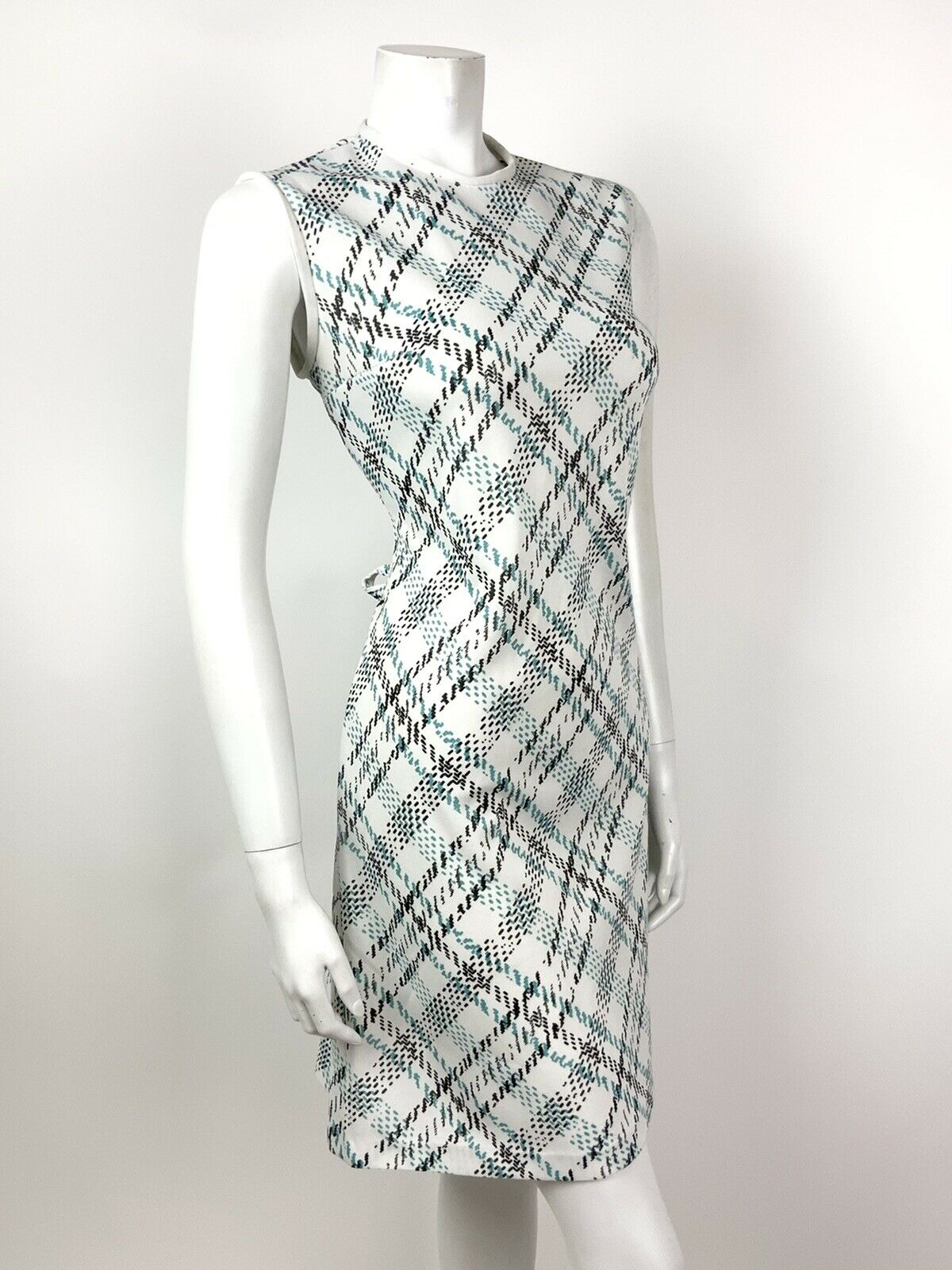 VINTAGE 60s 70s WHITE BLUE BLACK PLAID CHECKED MOD SLEEVELESS SHIFT DRESS 10 12