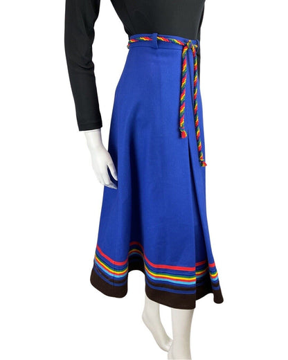 VINTAGE 60s 70s BLUE RAINBOW MOD KNEE-LENGTH WOOL SKIRT 6