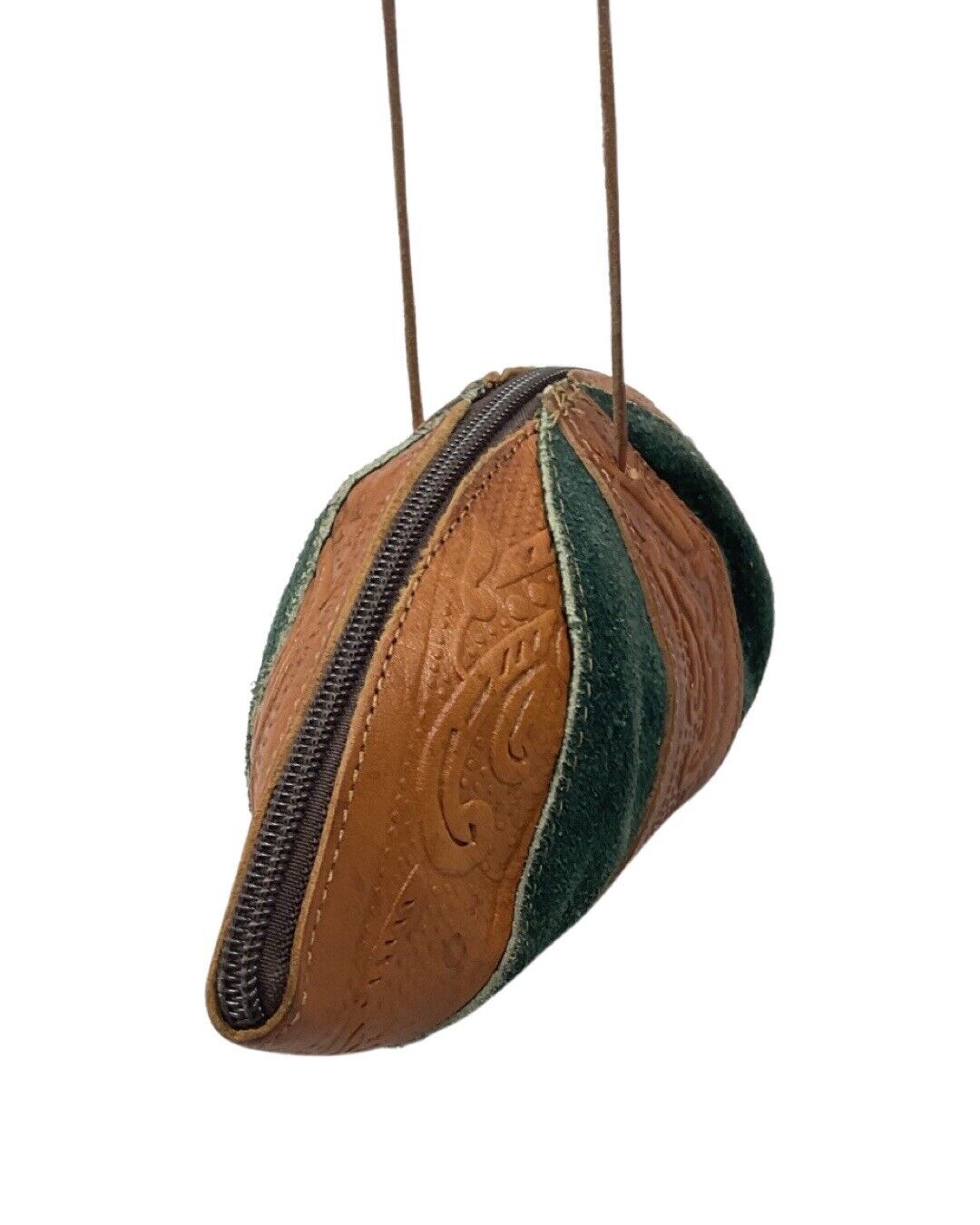 VINTAGE 70s TAN BROWN FOREST GREEN STAMPED LEATHER BOHO FOLK MINATURE COIN BAG