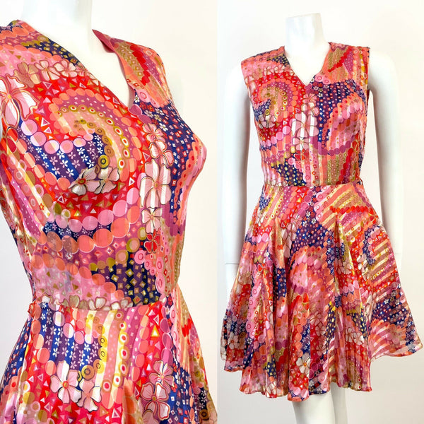 VINTAGE 60s 70s PINK ORANGE BLUE PSYCHEDELIC FLORAL GEOMETRIC FLOATY DRESS 6 8