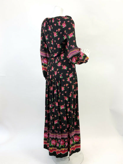 VINTAGE 60s 70s BLACK PINK GREEN RED FLORAL ROSE PIXEL FOLK BOHO MAXI DRESS 10