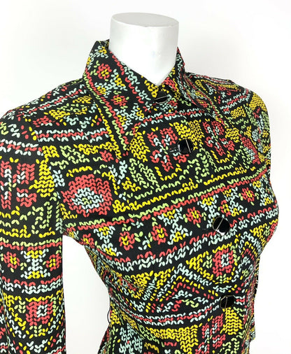 VTG 60 70s BLACK BLUE YELLOW RED FLORAL AZTEC FOLK GYPSY DAGGER SHIRT DRESS 8 10