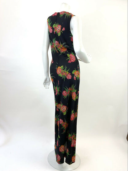 VINTAGE 60s 70s BLACK RED GREEN FLORAL ROSE BOUQUET SLEEVELESS MAXI DRESS 10 12