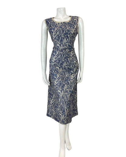 VINTAGE 60s 70s BLUE SILVER PSYCHEDELIC LEAFY PARTY GLAM SLEEVELESS DRESS 14