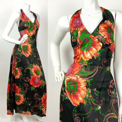 VINTAGE 60s 70s BLACK ORANGE GREEN FLORAL POPPY PAISLEY HALTER MAXI DRESS 10 12