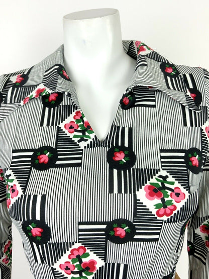 VINTAGE 60s 70s WHITE BLACK RED PINK STRIPED FLORAL WING COLLAR SHIRT TOP 6 8 10