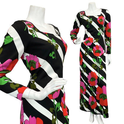 VTG 60s 70s BLACK WHITE STRIPED ROSE FLORAL PRINT MAXI MOD DRESS 10 12