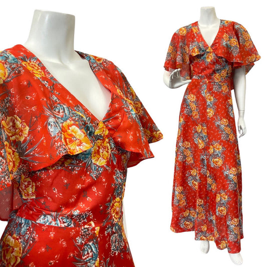 VINTAGE 60s 70s RED YELLOW BLUE FLORAL ROSE FLOWER CAPE SLEEVE BOHO MAXI DRESS 8