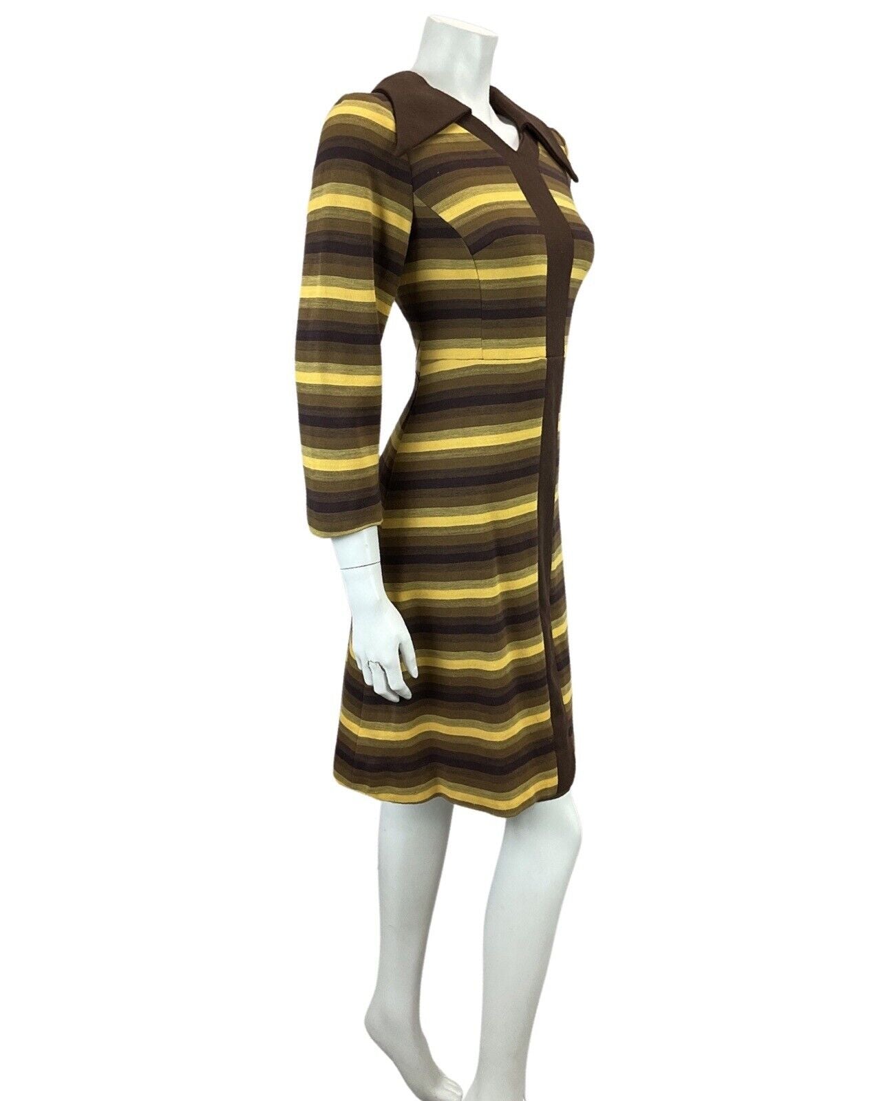 VINTAGE 60s 70s BROWN YELLOW STRIPED MOD BOHO DAGGAR COLLAR MIDI DRESS 10 12