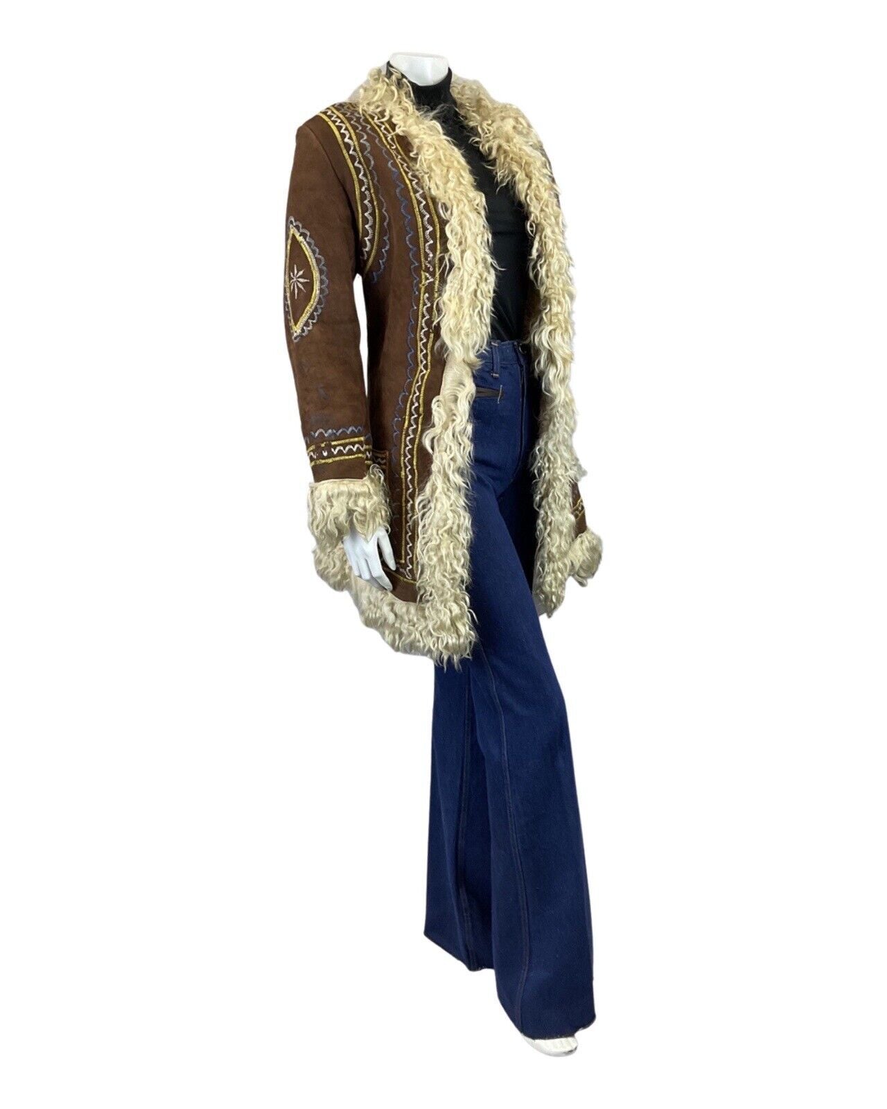 VINTAGE 60s 70s BROWN CREAM BLUE EMBROIDERED PENNY LANE BOHO SHEARLING COAT 10