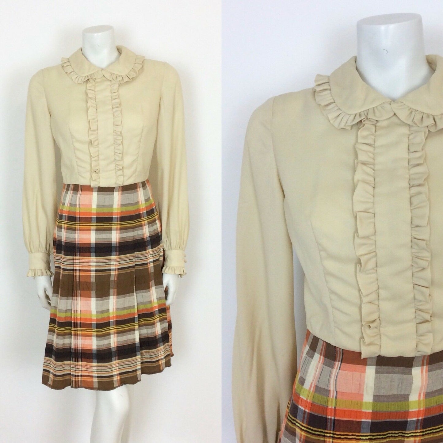 VINTAGE 60S CREAM,BROWN  PLAID TARTAN MAD MEN SECRETARY DAY DRESS 8 10