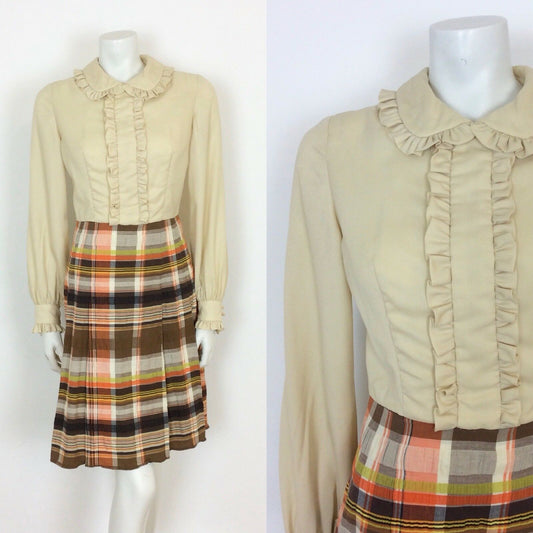 VINTAGE 60S CREAM,BROWN  PLAID TARTAN MAD MEN SECRETARY DAY DRESS 8 10