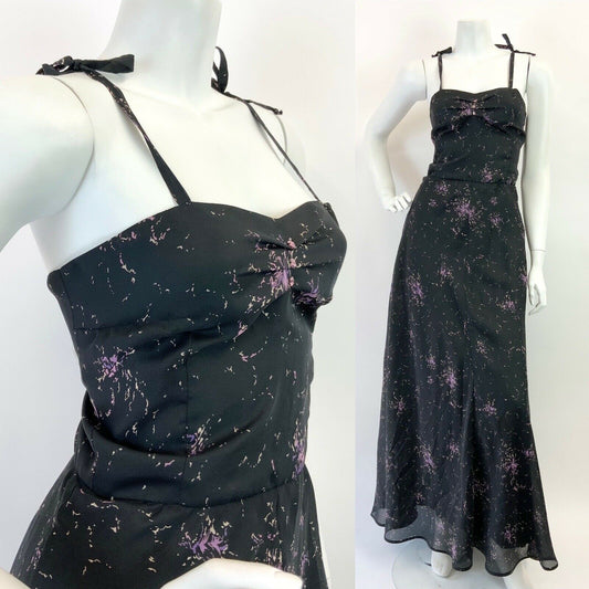 VINTAGE 60s 70s BLACK CREAM PINK ABSTRACT FLORAL SPAGHETTI STRAP MAXI DRESS 8