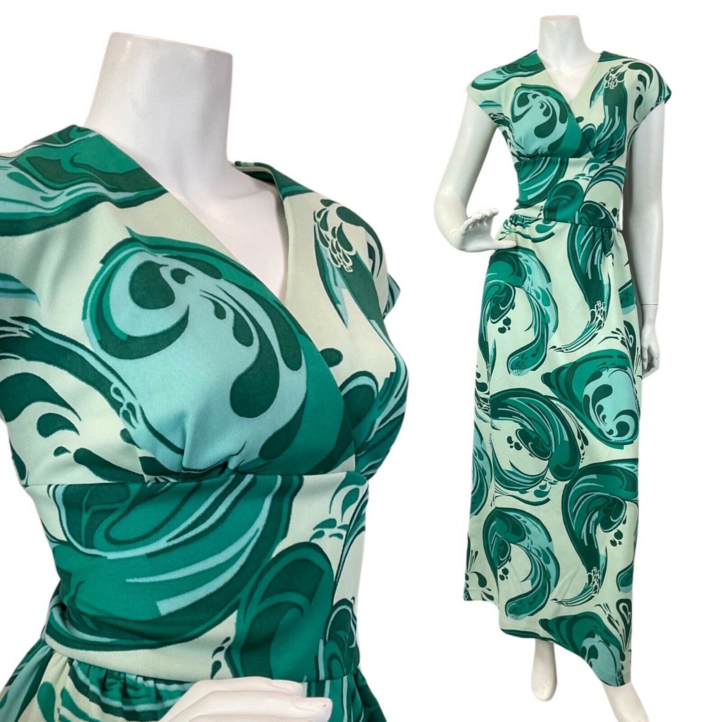 VINTAGE 60s 70s GREEN MINT PSYCHEDELIC SWIRL SLEEVELESS MAXI DRESS 8