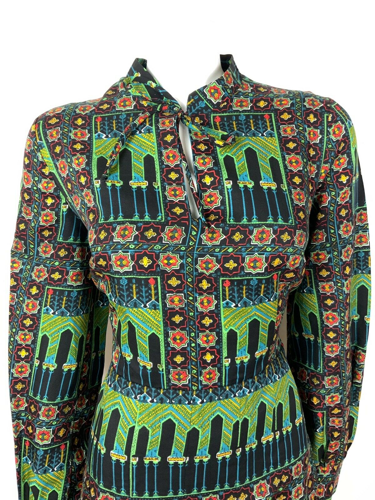 VTG 60s 70s BLACK GREEN YELLOW RED MOROCCAN TILE PSYCHEDELIC DRESS 12 14