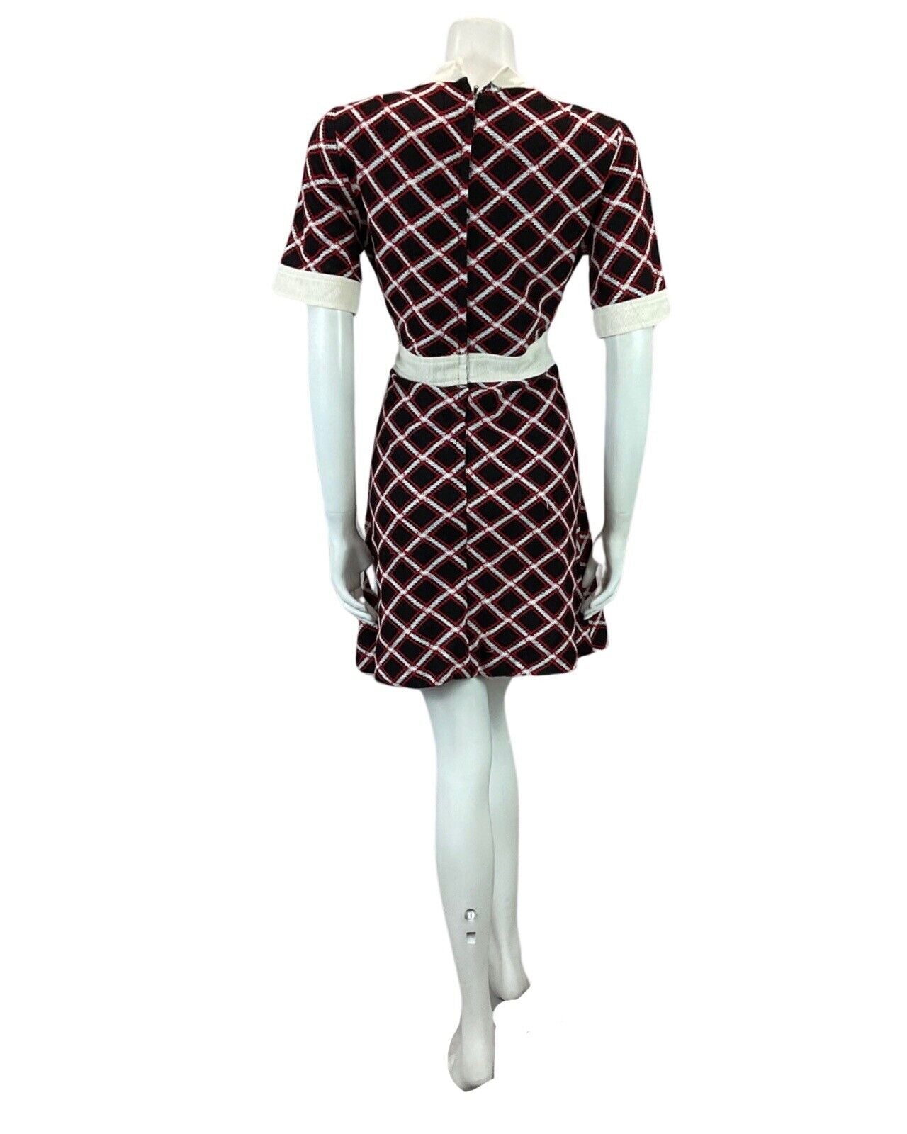 VINTAGE 60s 70s BLACK WHITE RED CHECKED WOOL MINI MOD BOHO DRESS 14