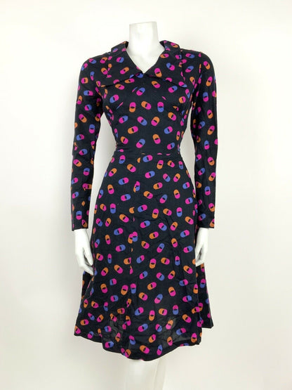 VINTAGE 60s 70s BLACK PINK ORANGE BLUE GEOMETRIC HIPPY DAGGER COLLAR DRESS 8 10