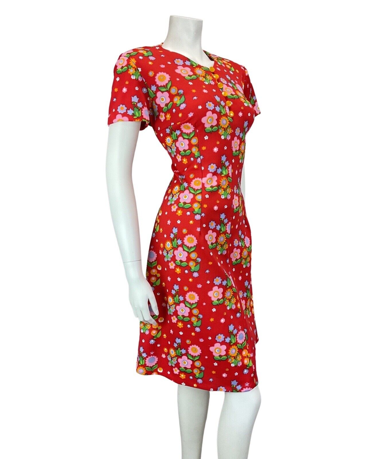 VINTAGE 60s 70s RED PINK ORANGE DAISY FLOWER POWER MOD DRESS 14 16