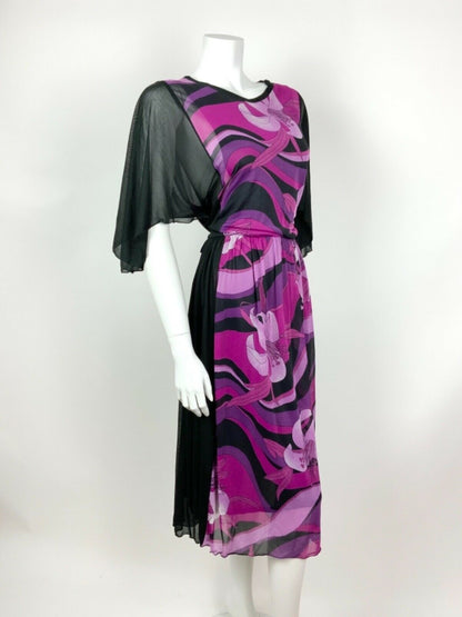 VINTAGE 70s 80s BLACK PURPLE PINK PSYCHEDELIC SWIRL LILY SHEER MIDI DRESS 10 12