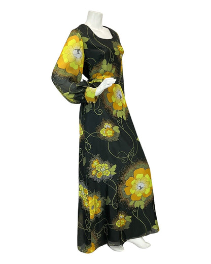 VTG 60s 70s BLACK YELLOW ORANGE FLORAL PRINT PSYCHEDELIC MAXI DRESS 10 12