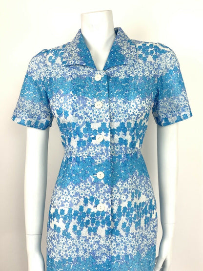 VTG 60s 70s BLUE WHITE DAISY FLORAL LACE BRODERIE SHIRT DRESS SUMMER 10 12