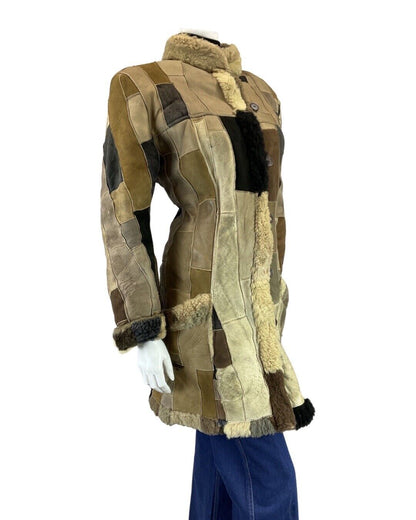 VINTAGE 70s 80s BROWN GREY PATCHWORK BOHO SUEDE LEATHER SHEARLING COAT 14