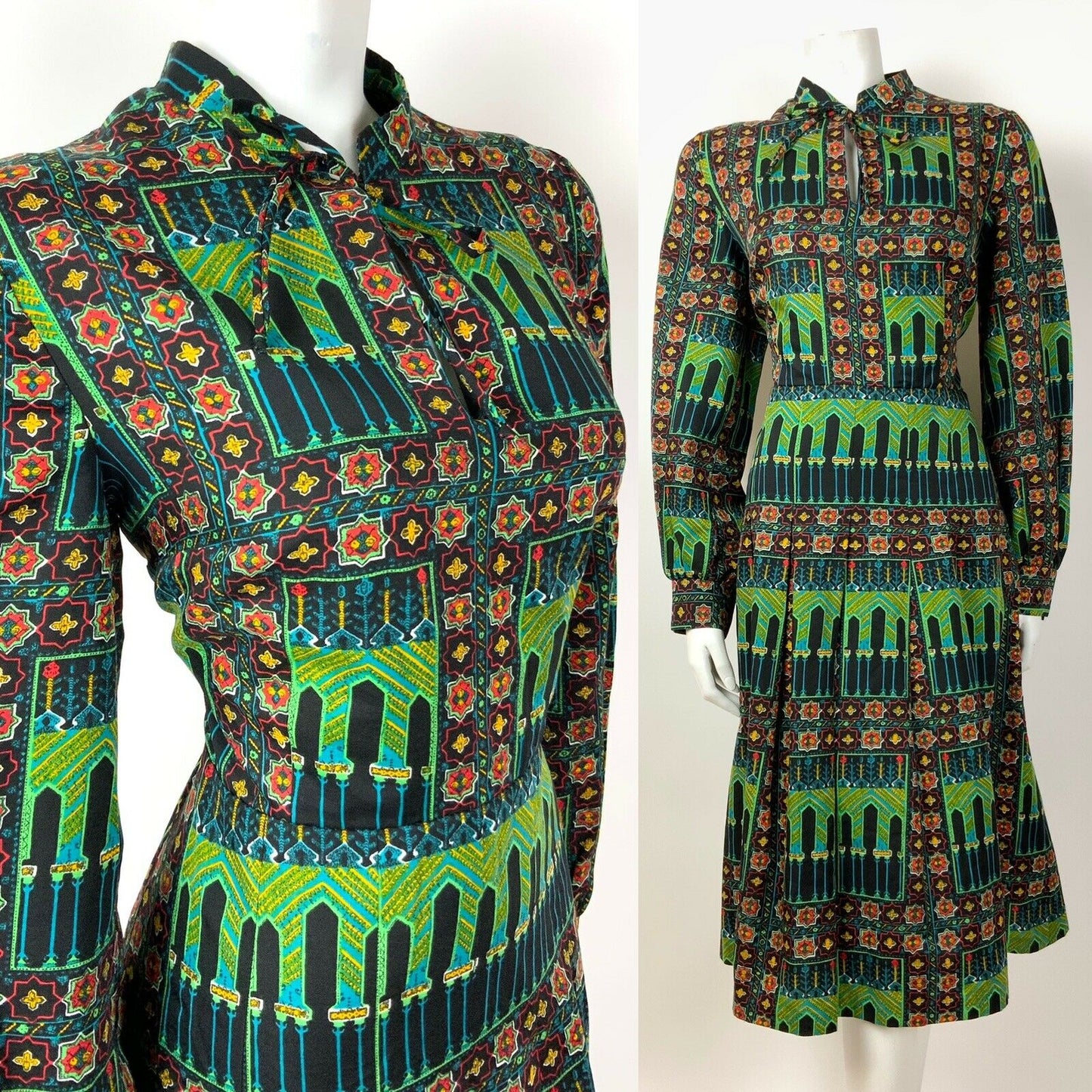 VTG 60s 70s BLACK GREEN YELLOW RED MOROCCAN TILE PSYCHEDELIC DRESS 12 14